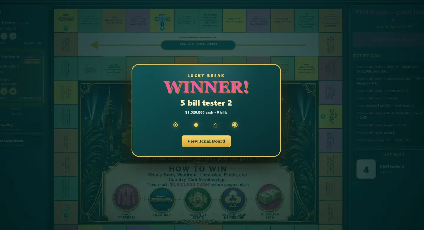 Lucky Break winner celebration displayed over a completed multiplayer board